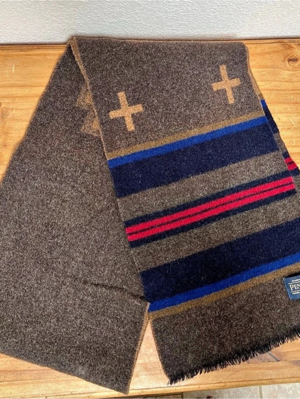 Pendleton Wool Scarf Shelter Bay Color Block Scarf in Brown & Blue Striped Cross